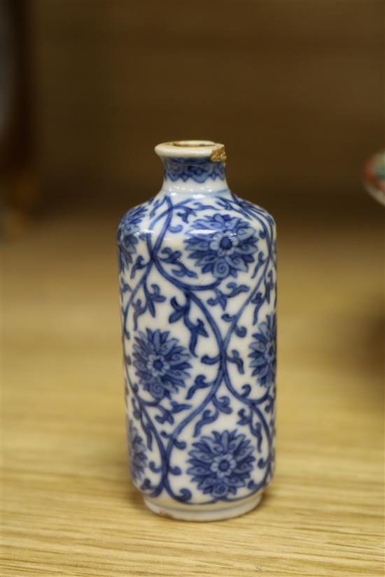 A Chinese 19th century snuff bottle, later figure and lattice rimmed dish figure height 30cm